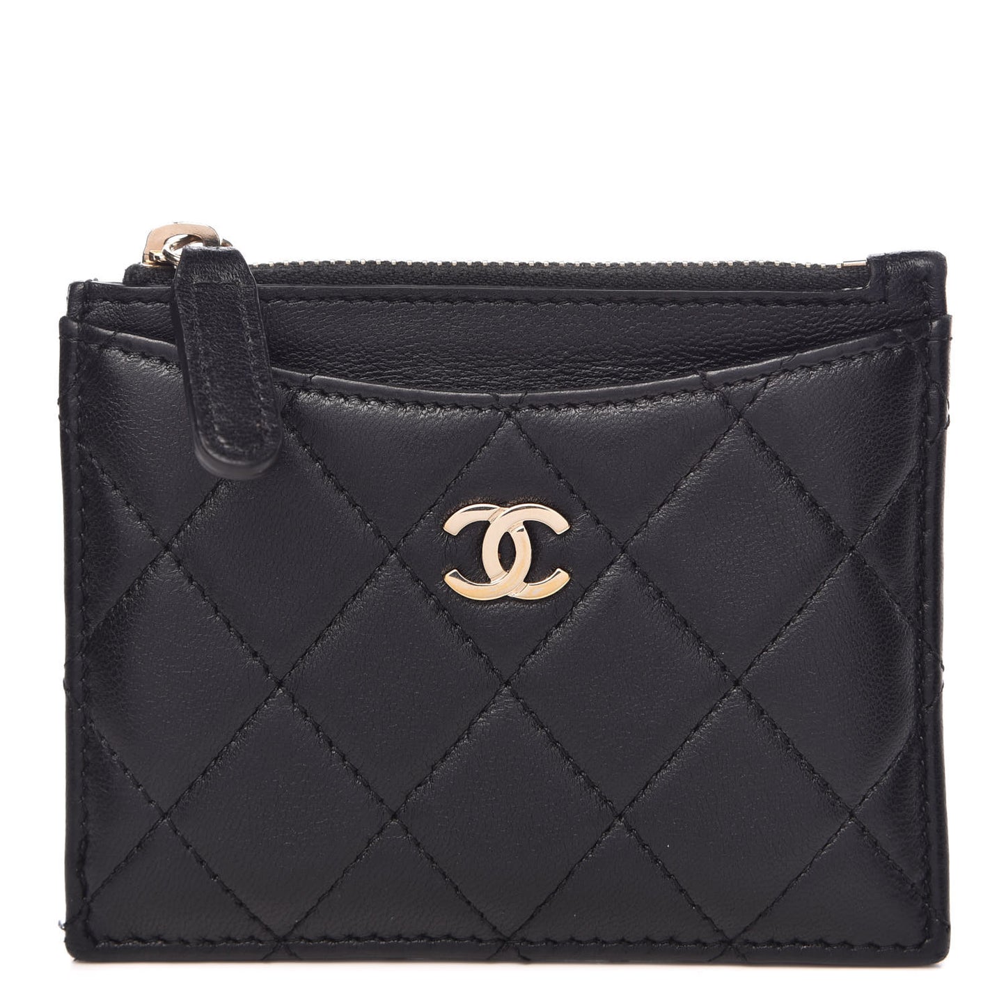 Lambskin Quilted Zip Card Holder Black
