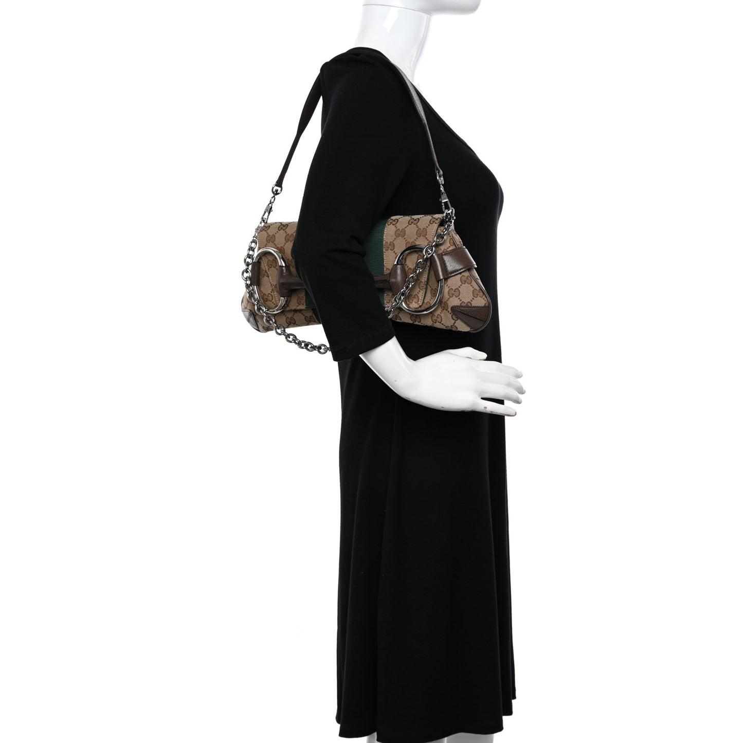 Monogram Textured Dollar Calfskin Heavy Grosgrain Web Medium Maxi Horsebit Chain Shoulder Bag Beige Ebony New Acero