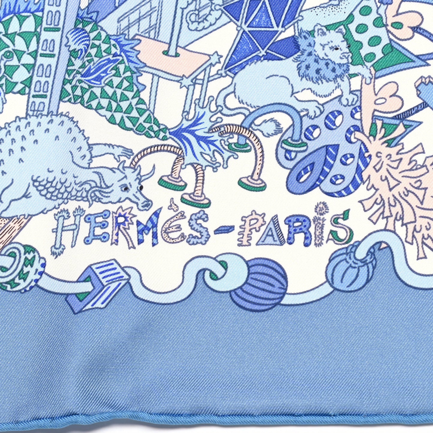 Silk Twill La Folle Parade Scarf 90 Bleu Jean White Rose