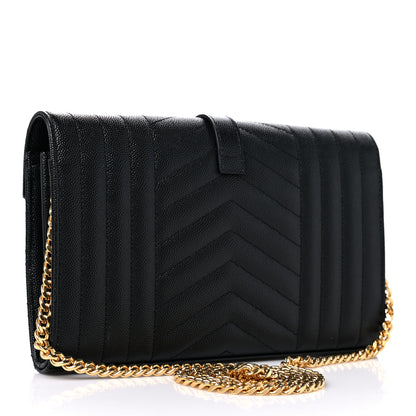 Saint Laurent Grain De Poudre Mixed Matelasse Triquilt Monogram Chain Wallet Black 3 of 8