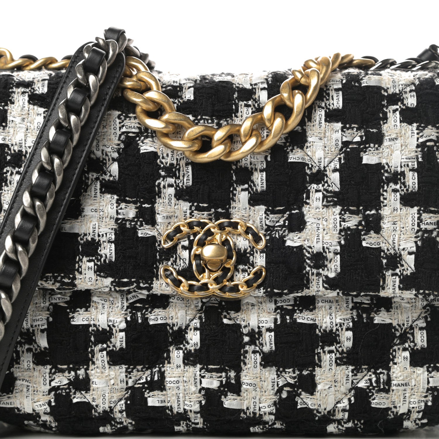 Chanel Tweed Quilted Medium Chanel 19 Flap Black Ecru White 8 of 11