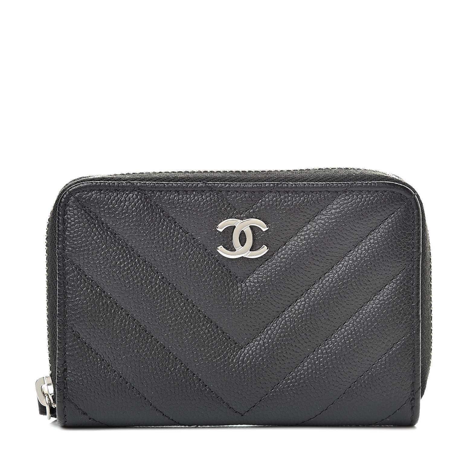 Chanel Caviar Chevron Quilted Zip Coin Purse Black 1 of 8