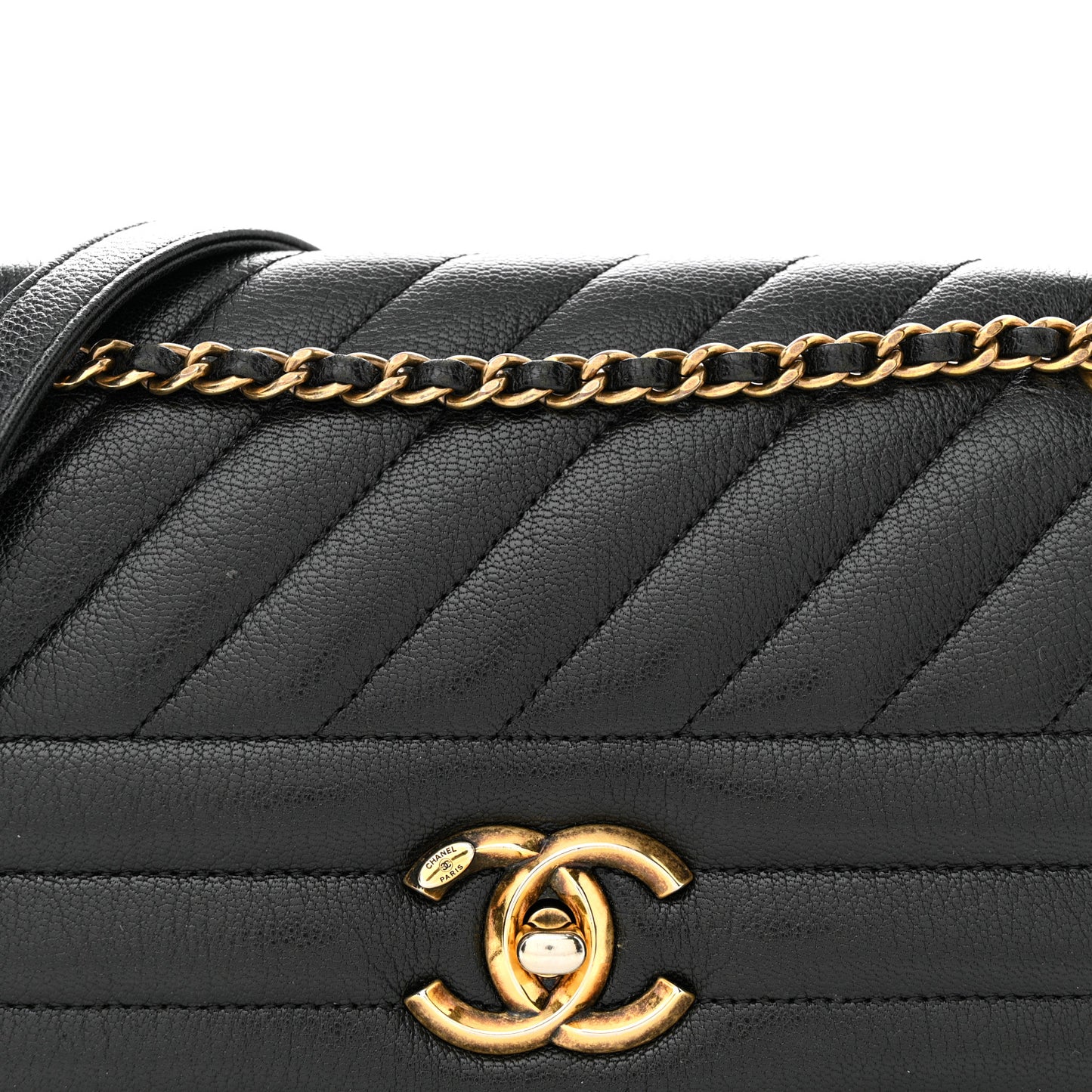 Shiny Goatskin Diagonal Quilted Small Flap Black