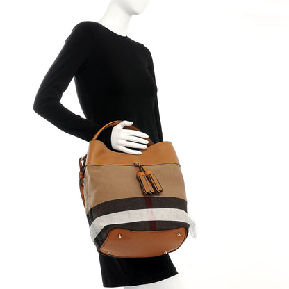 Burberry Grainy Calfskin Canvas Mega Check Medium Ashby Tassel Hobo Saddle Brown 3 of 9