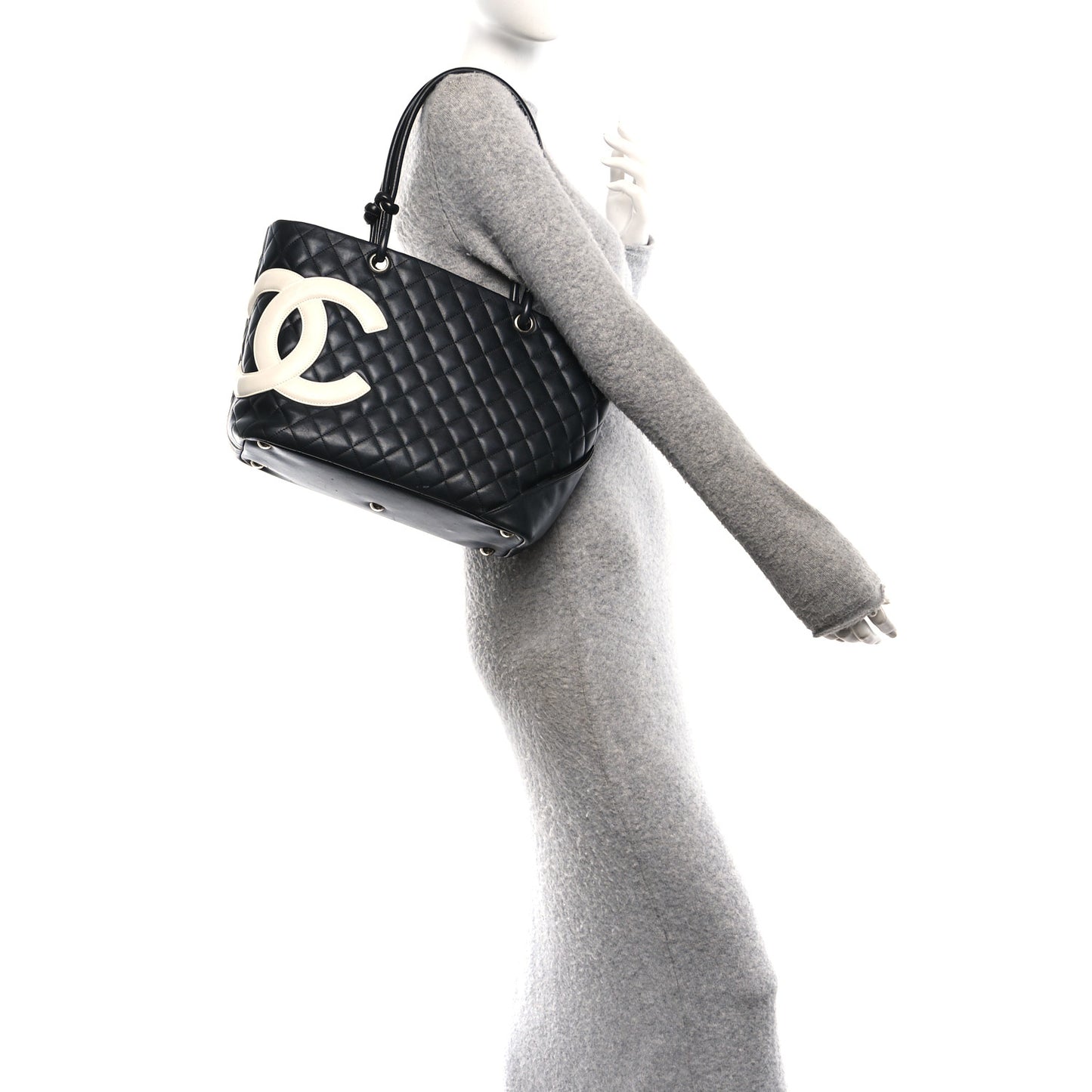 Calfskin Quilted Large Cambon Tote Black White