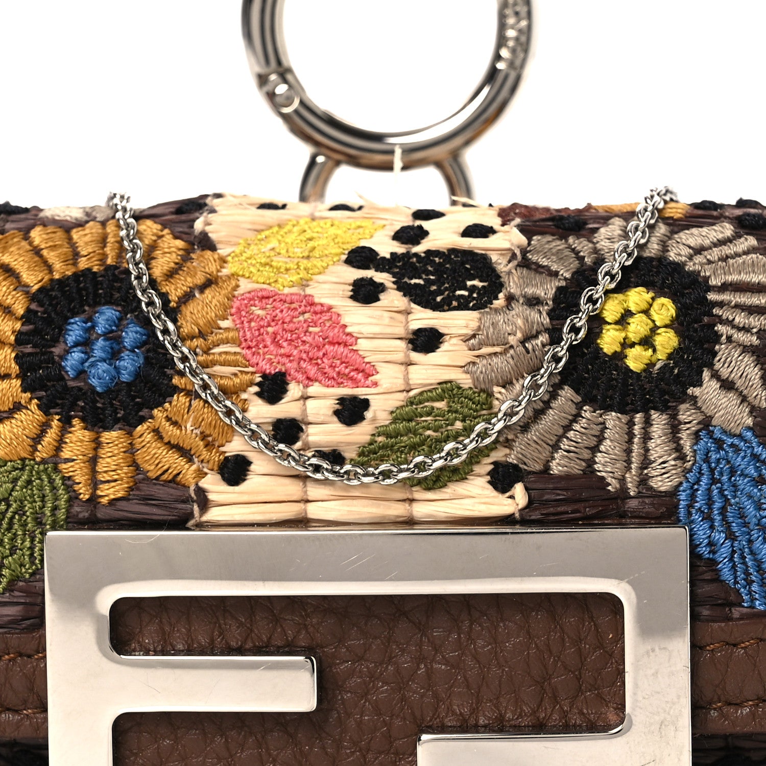 Fendi Woven Fabric Calfskin Embroidered Nano Maxi Buckle Baguette Charm Natural Gianduia 8 of 12