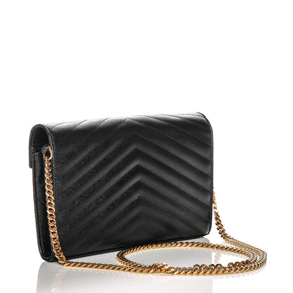 Saint Laurent Grain De Poudre Matelasse Chevron Monogram Chain Wallet Black 3 of 6