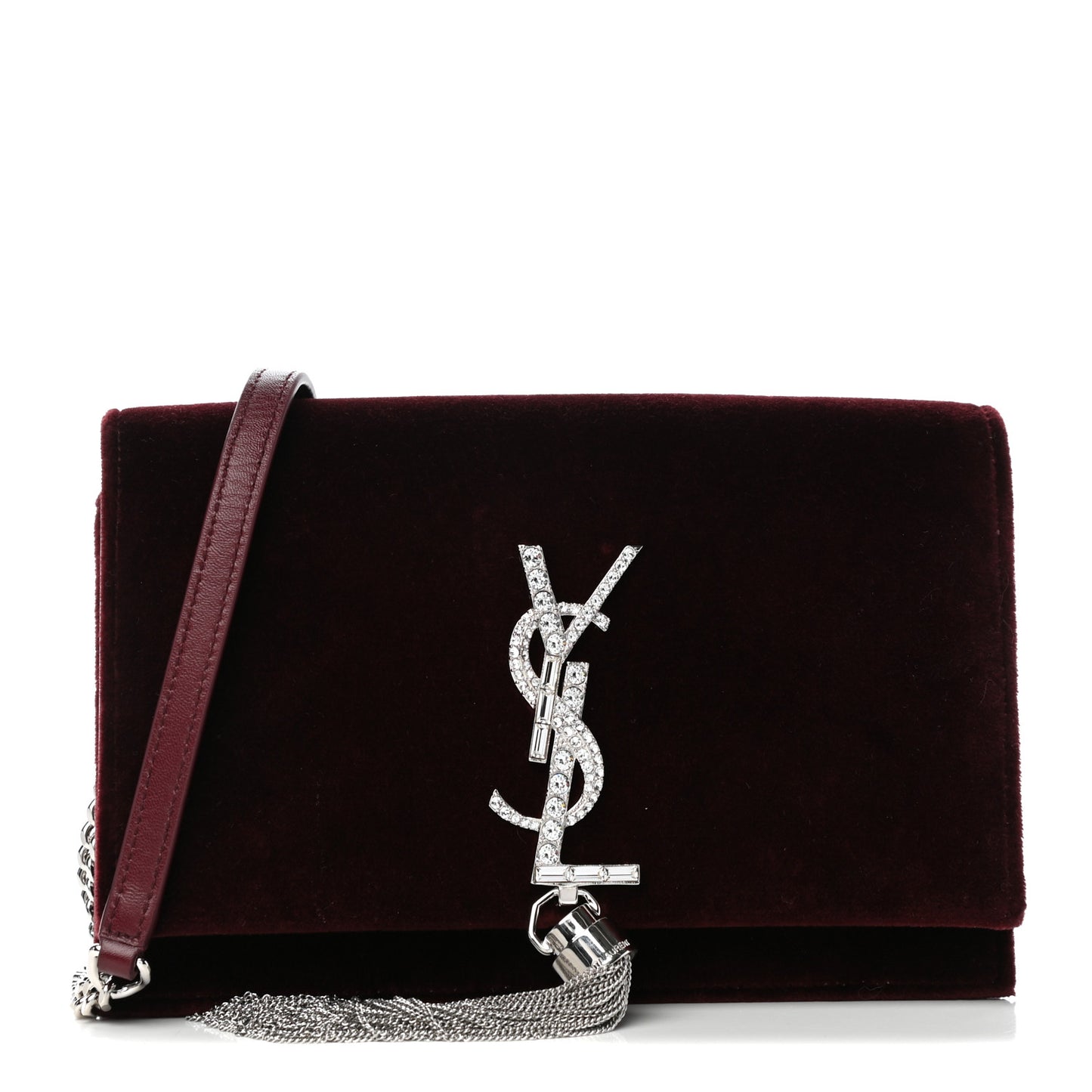 Velvet Crystal Monogram Kate Tassel Shoulder Bag Burgundy