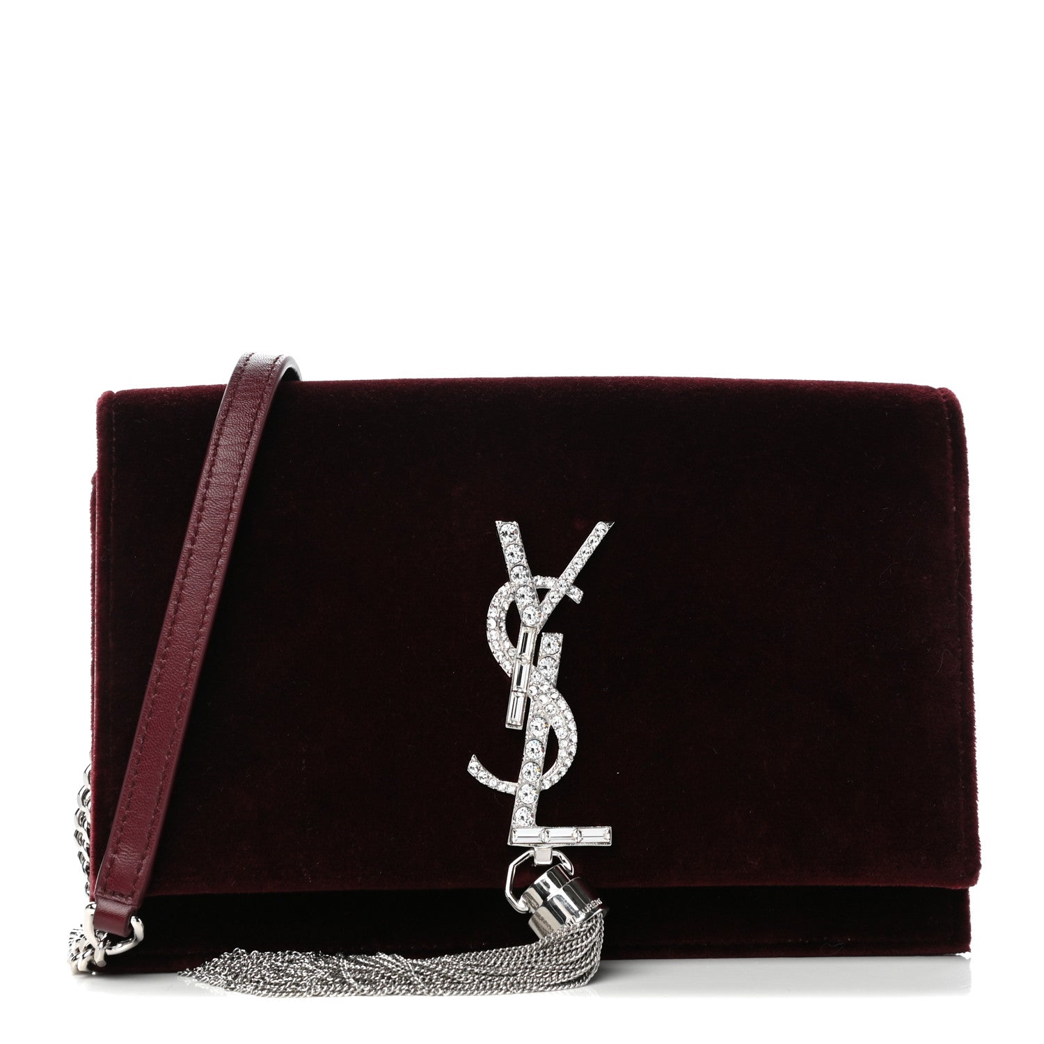 Saint Laurent Velvet Crystal Monogram Kate Tassel Shoulder Bag Burgundy 1 of 9