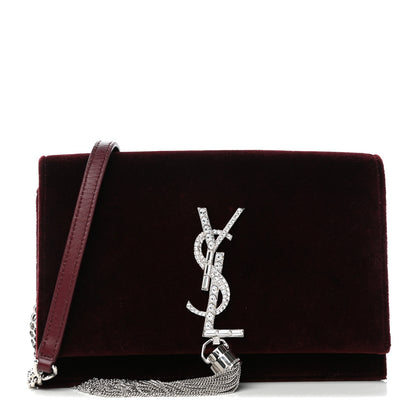 Saint Laurent Velvet Crystal Monogram Kate Tassel Shoulder Bag Burgundy 1 of 9