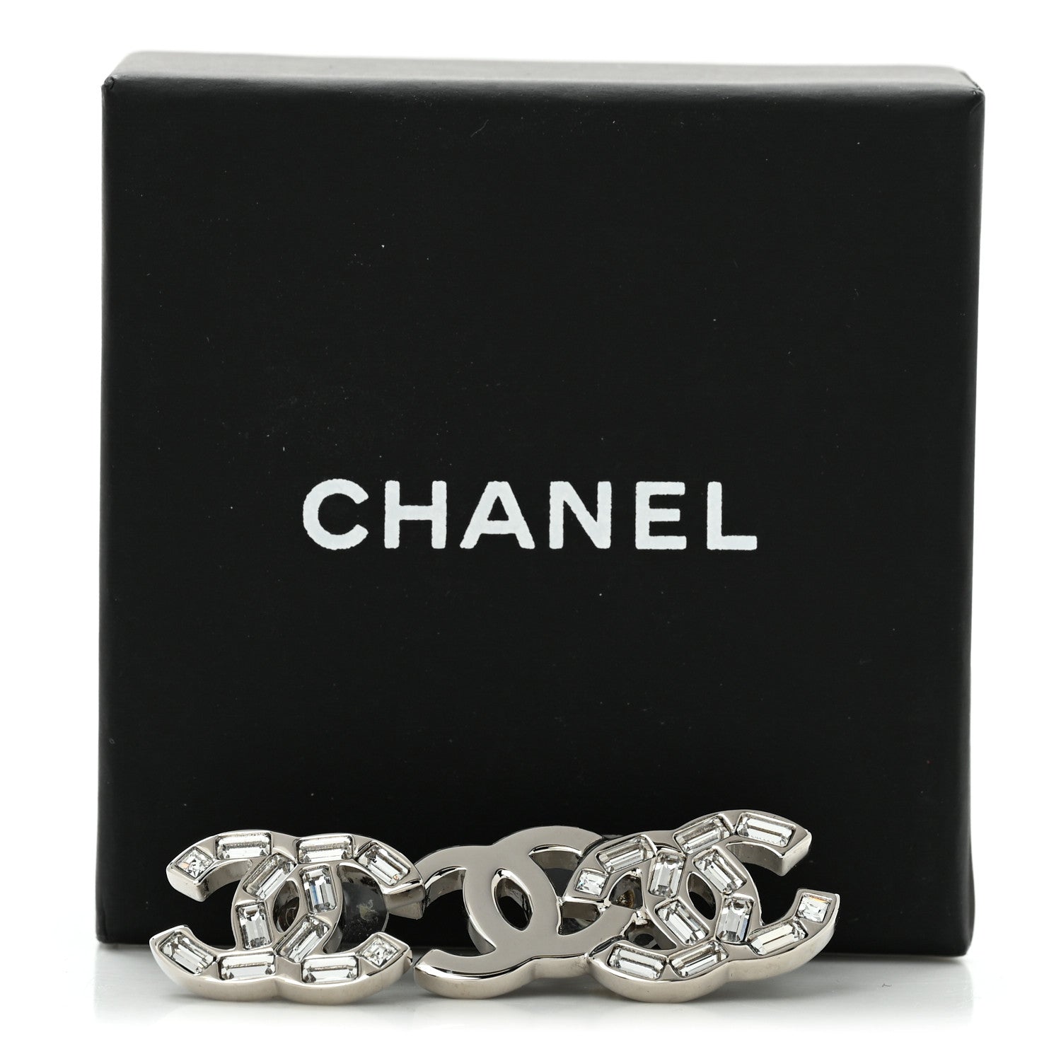 Chanel Baguette Crystal Double CC Earrings Silver 5 of 5