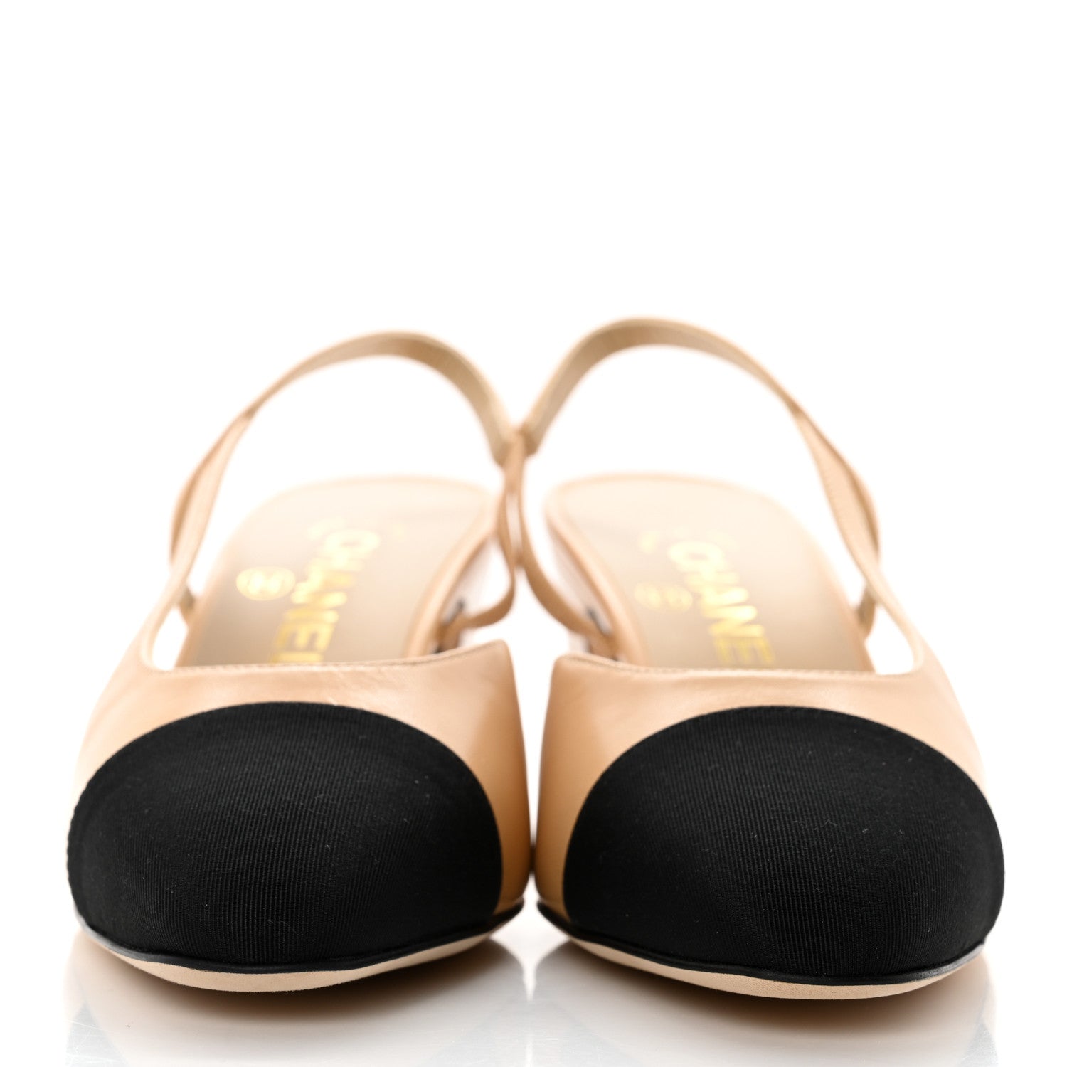 Chanel Goatskin Grosgrain Cap Toe CC Slingback Pumps 37 Beige Black 2 of 9