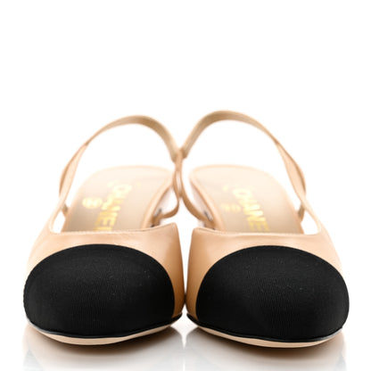 Chanel Goatskin Grosgrain Cap Toe CC Slingback Pumps 37 Beige Black 2 of 9