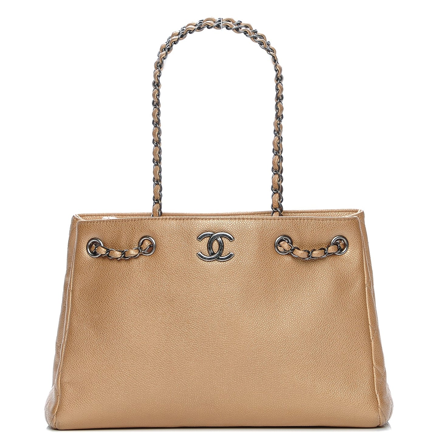 Metallic Grained Calfskin Woven Chain Medium Shopping Tote Beige
