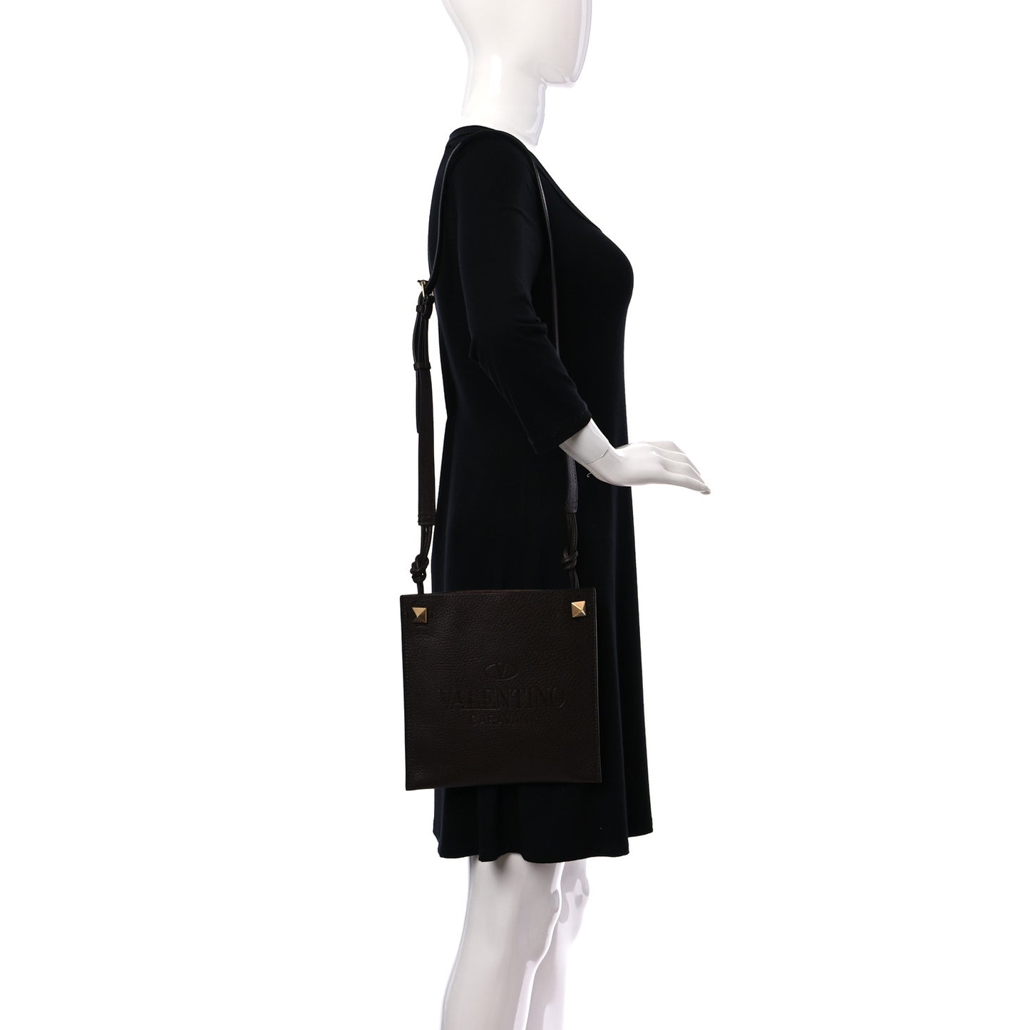 Pebbled Calfskin Roman Stud Logo Crossbody Pouch Brown