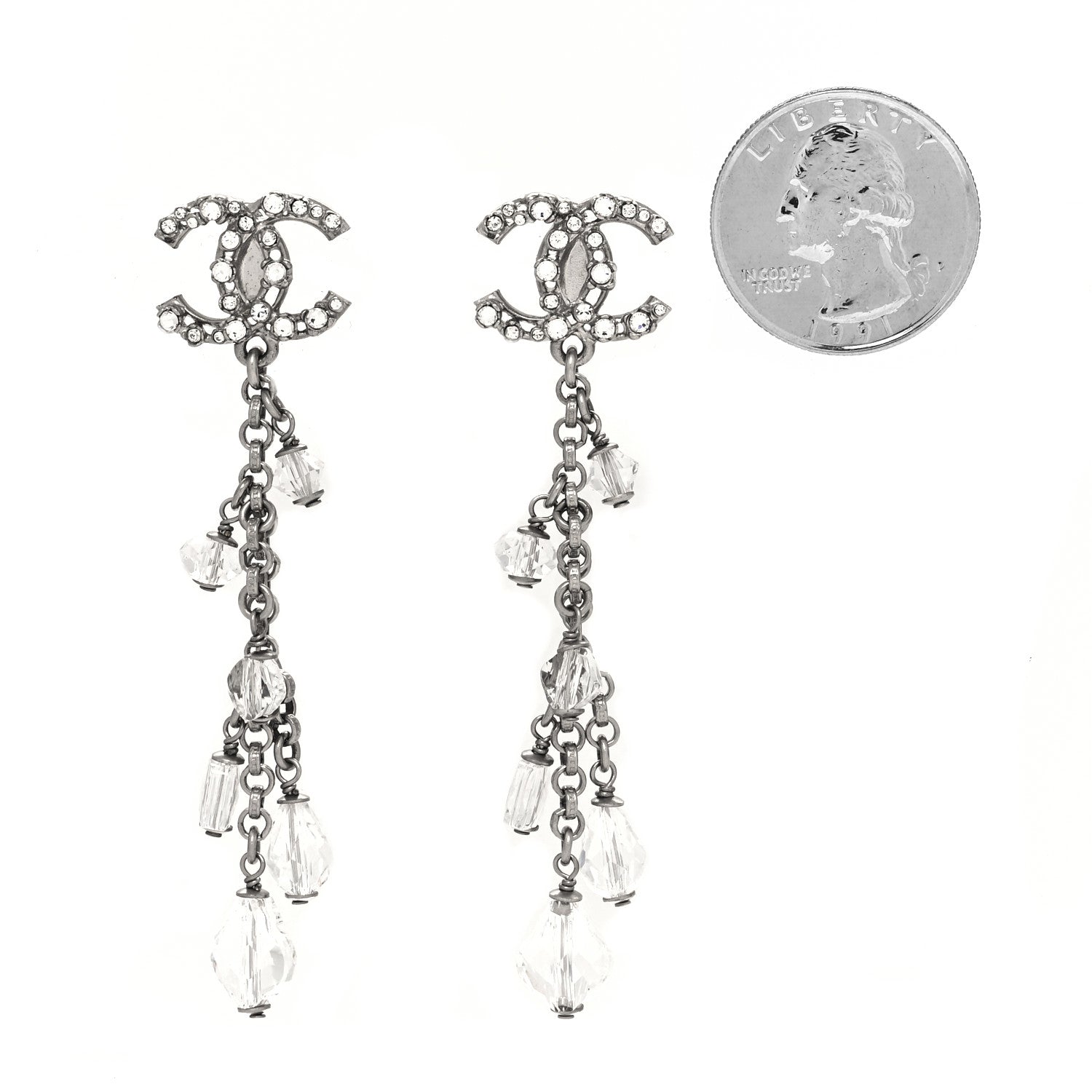 Chanel Crystal CC Dangling Drop Earrings Silver 2 of 4