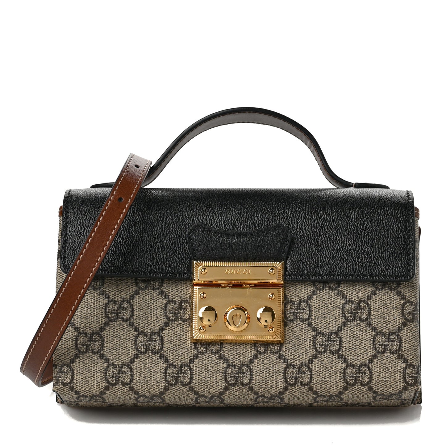 GG Supreme Monogram Calfskin Mini Padlock Top Handle Shoulder Bag Beige Black Cuir