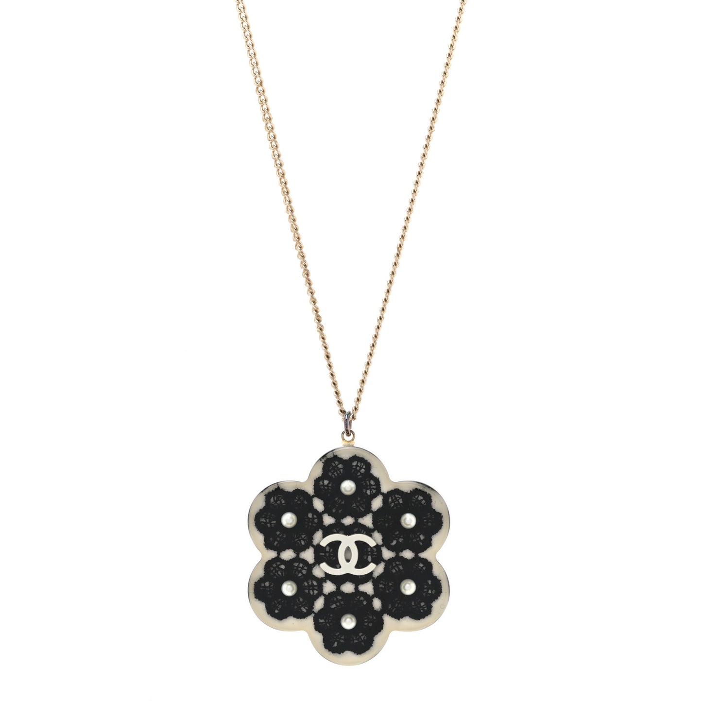 Resin Pearl Lace CC Necklace Black Gold