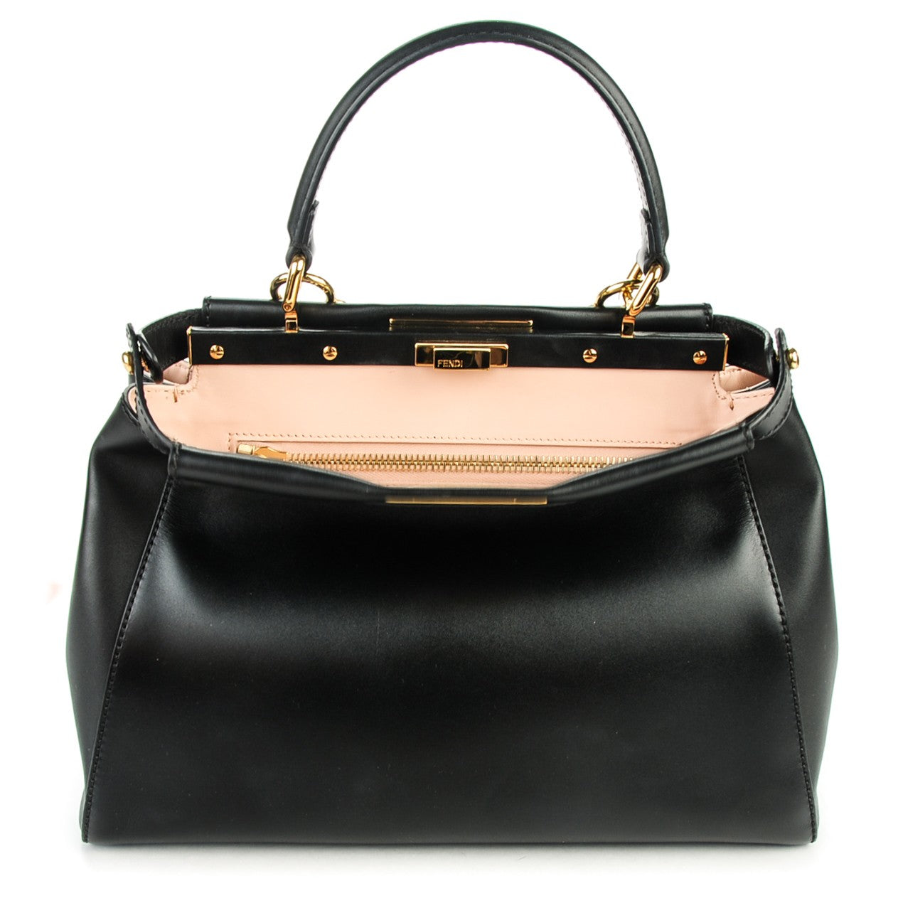 Fendi Vitello Morgan Shiny Nappa Medium Peekaboo Iconic Satchel Black Rosa Plaster 1 of 8