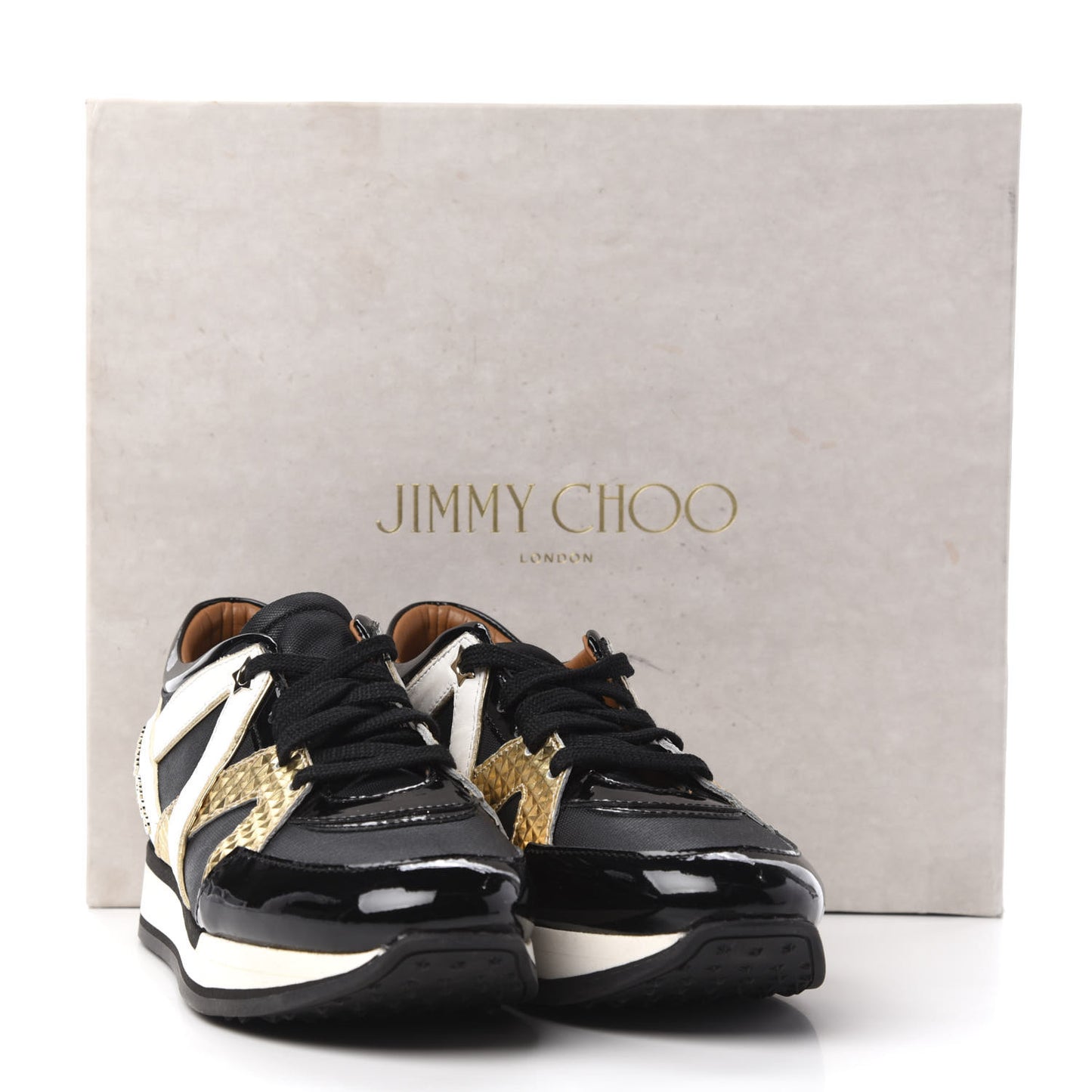 Canvas Patent Calfskin London Low Top Sneakers 36 Black Gold