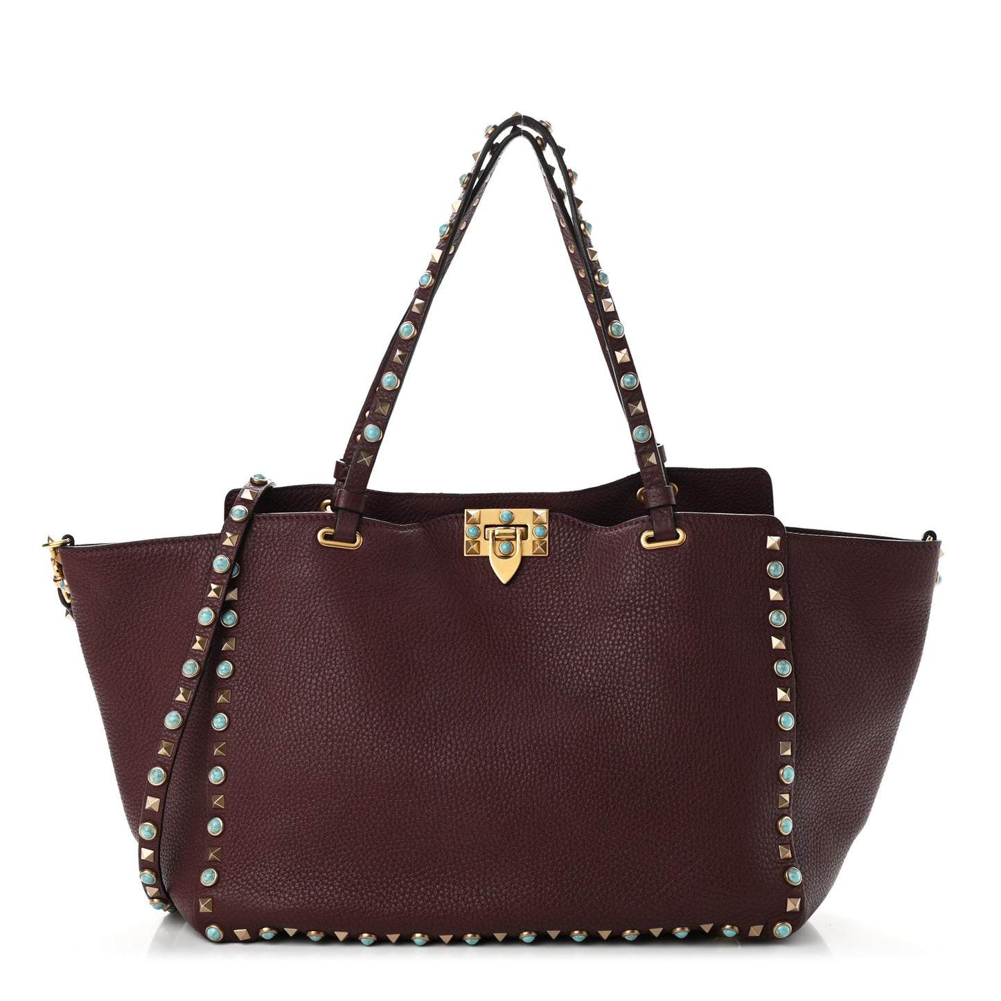 Pebbled Calfskin Turquoise Medium Rockstud Rolling Tote Rubin
