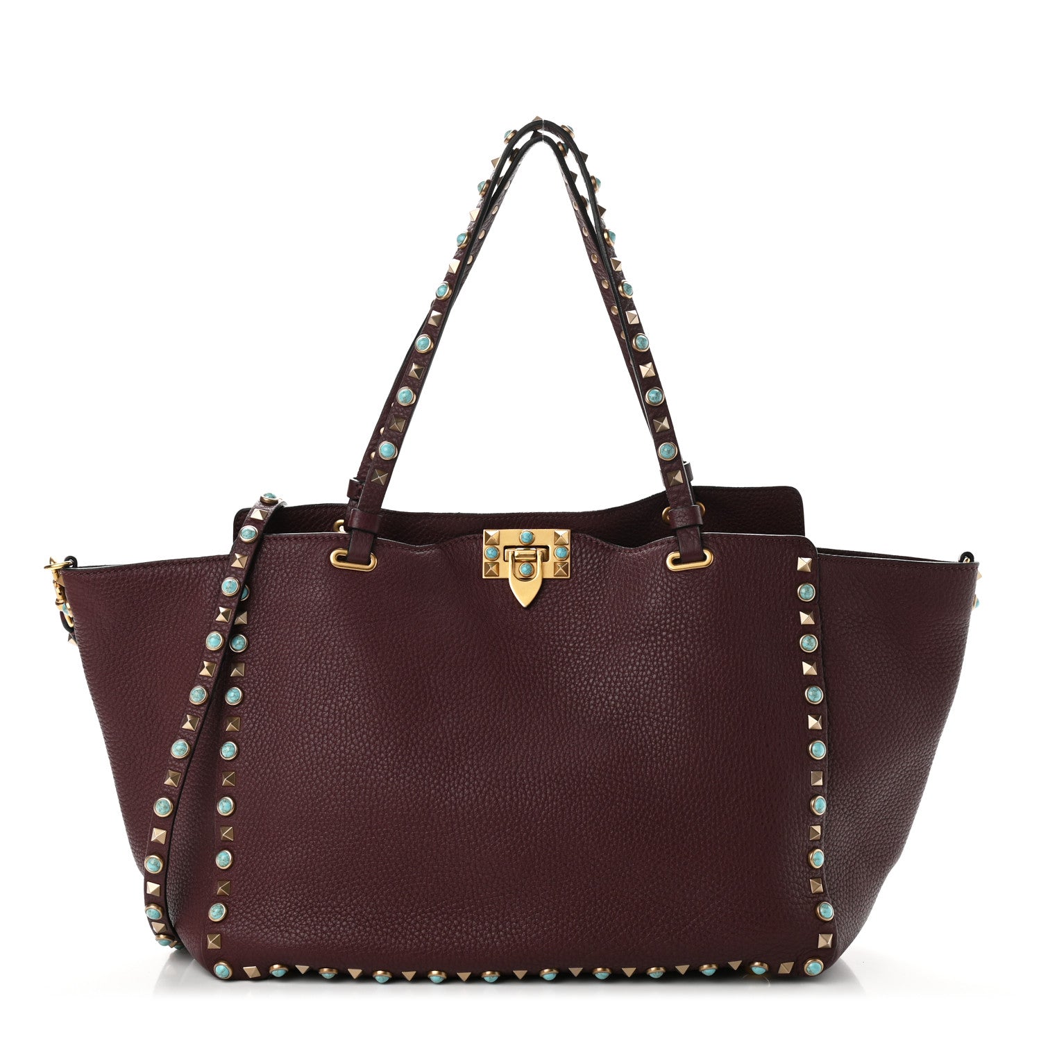 Valentino Garavani Pebbled Calfskin Turquoise Medium Rockstud Rolling Tote Rubin 1 of 10