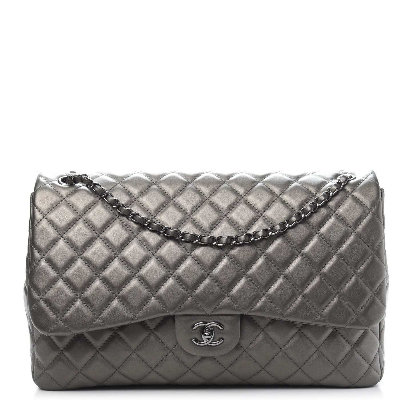 Metallic Calfskin Quilted Small XXL Travel Flap Bag Dark Silver