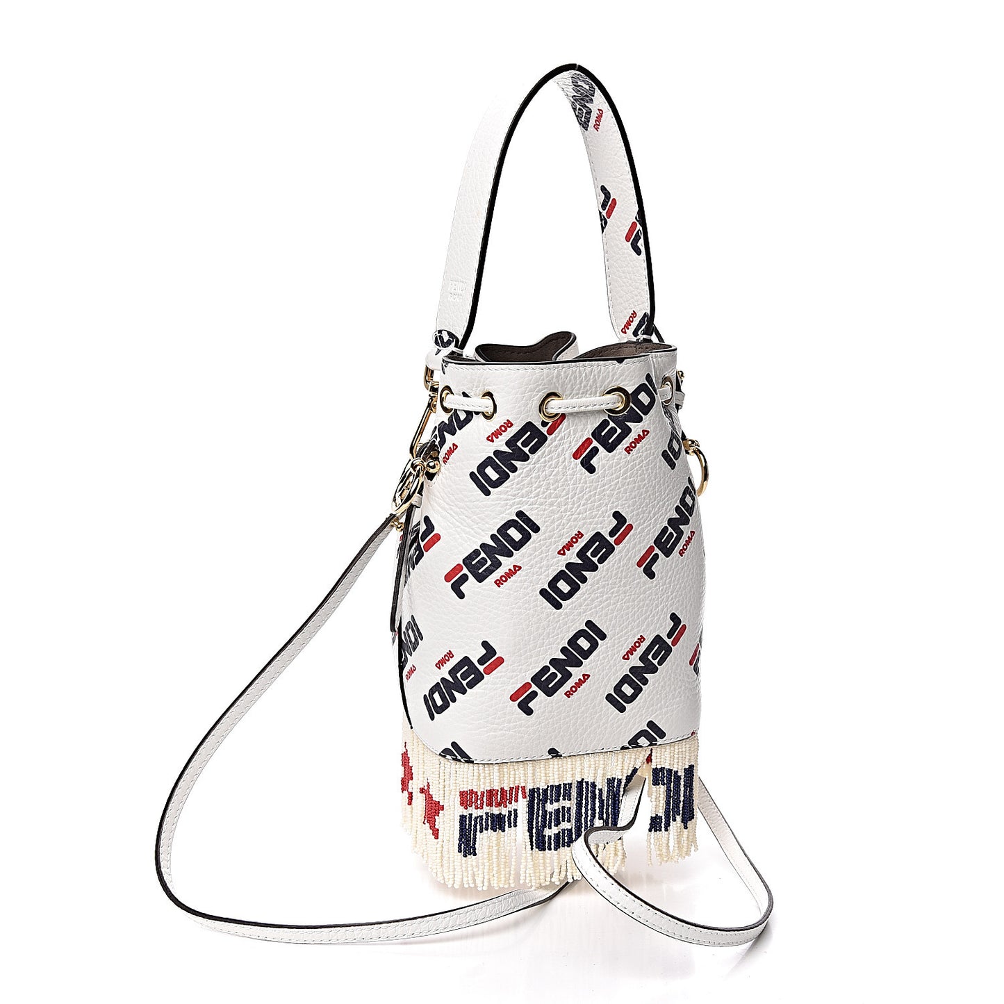 X FILA Calfskin F is Fendi Mania Fringe Mini Mon Tresor Bucket Bag White