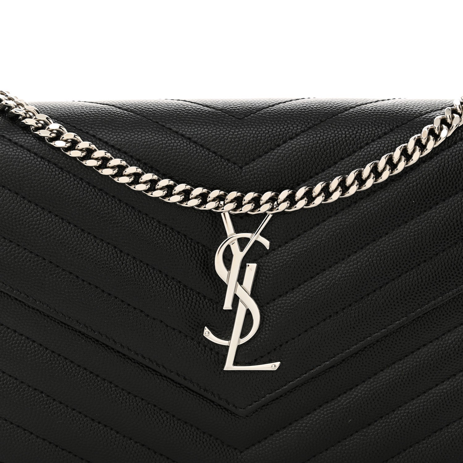 Saint Laurent Grain De Poudre Matelasse Chevron Monogram Chain Wallet Black 8 of 14