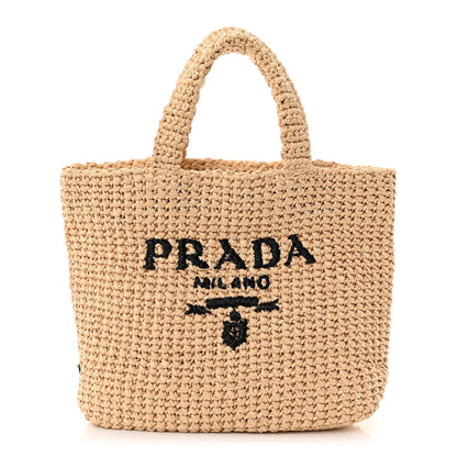 Prada Yarn Raffia Effect Crochet Embroidered Logo Tote Naturale 1 of 9