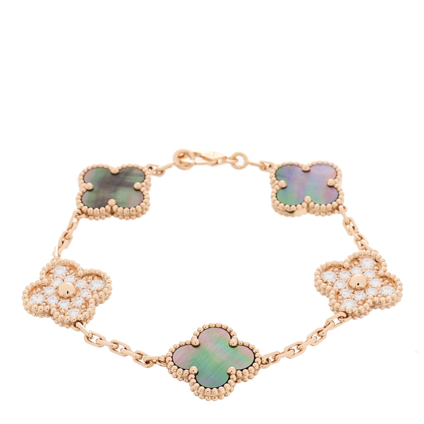 18K Rose Gold Diamond Gray Mother of Pearl 5 Motifs Vintage Alhambra Bracelet