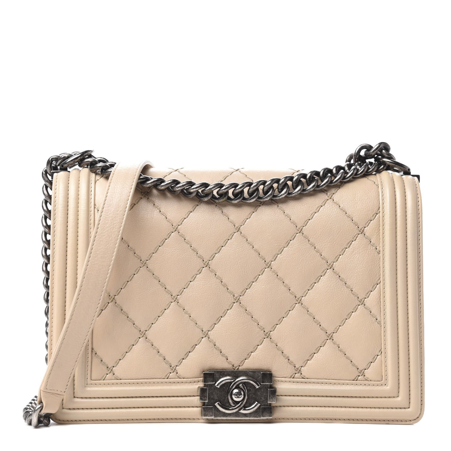Calfskin Quilted Double Stitch New Medium Boy Flap Beige