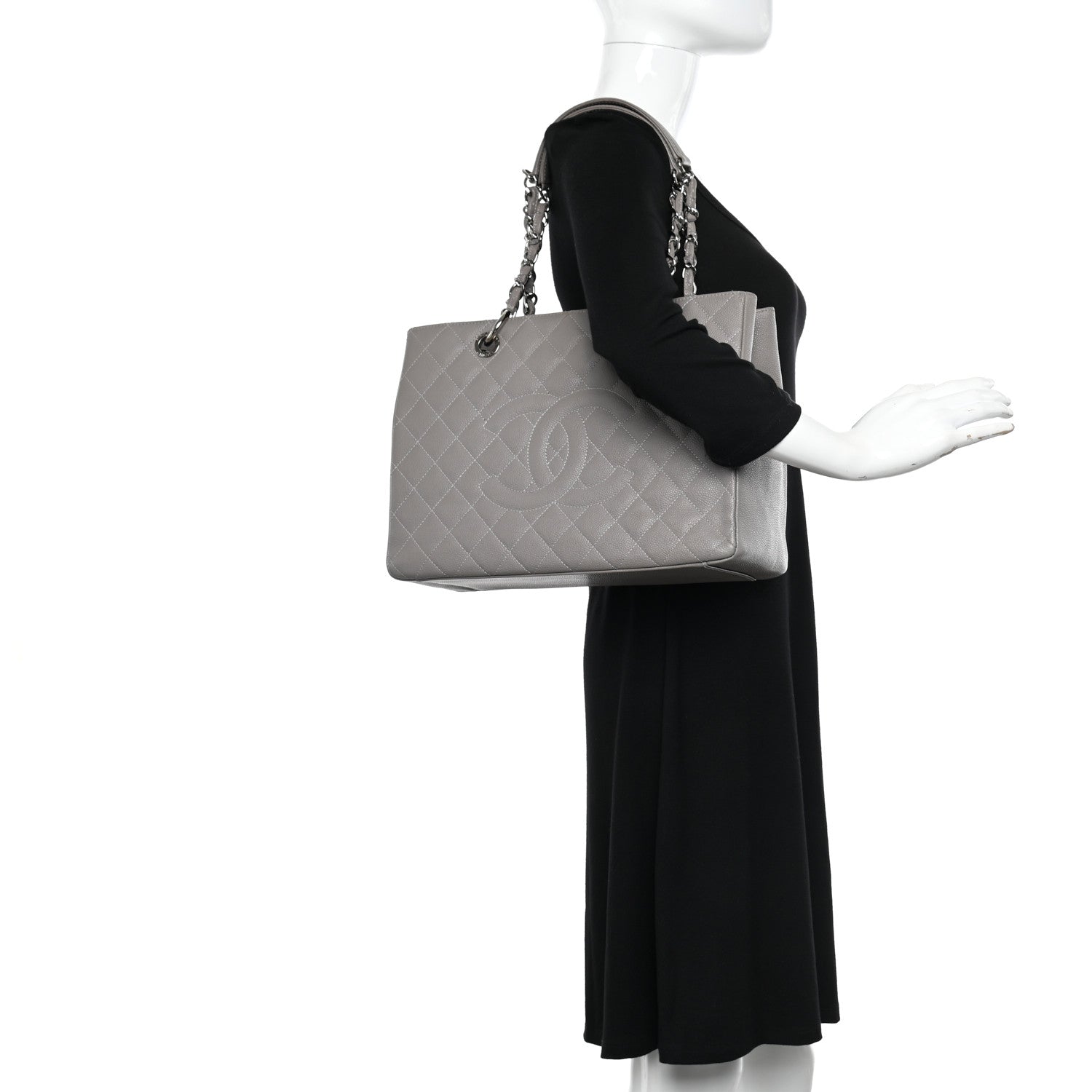Chanel Caviar Quilted Grand Shopping Tote GST Light Grey 3 of 10