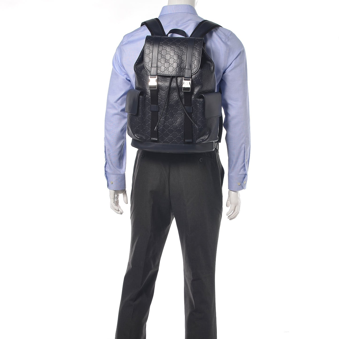 Guccissima Signature Double Buckle Backpack Blue