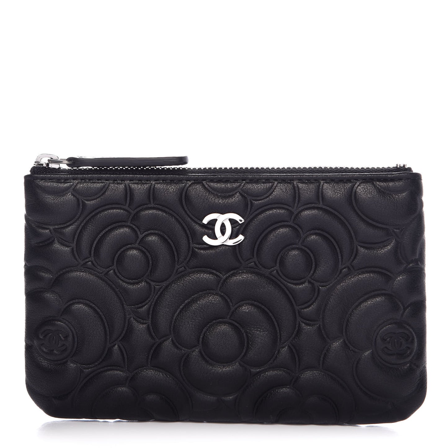 Goatskin Camellia Embossed Cosmetic Pouch Black