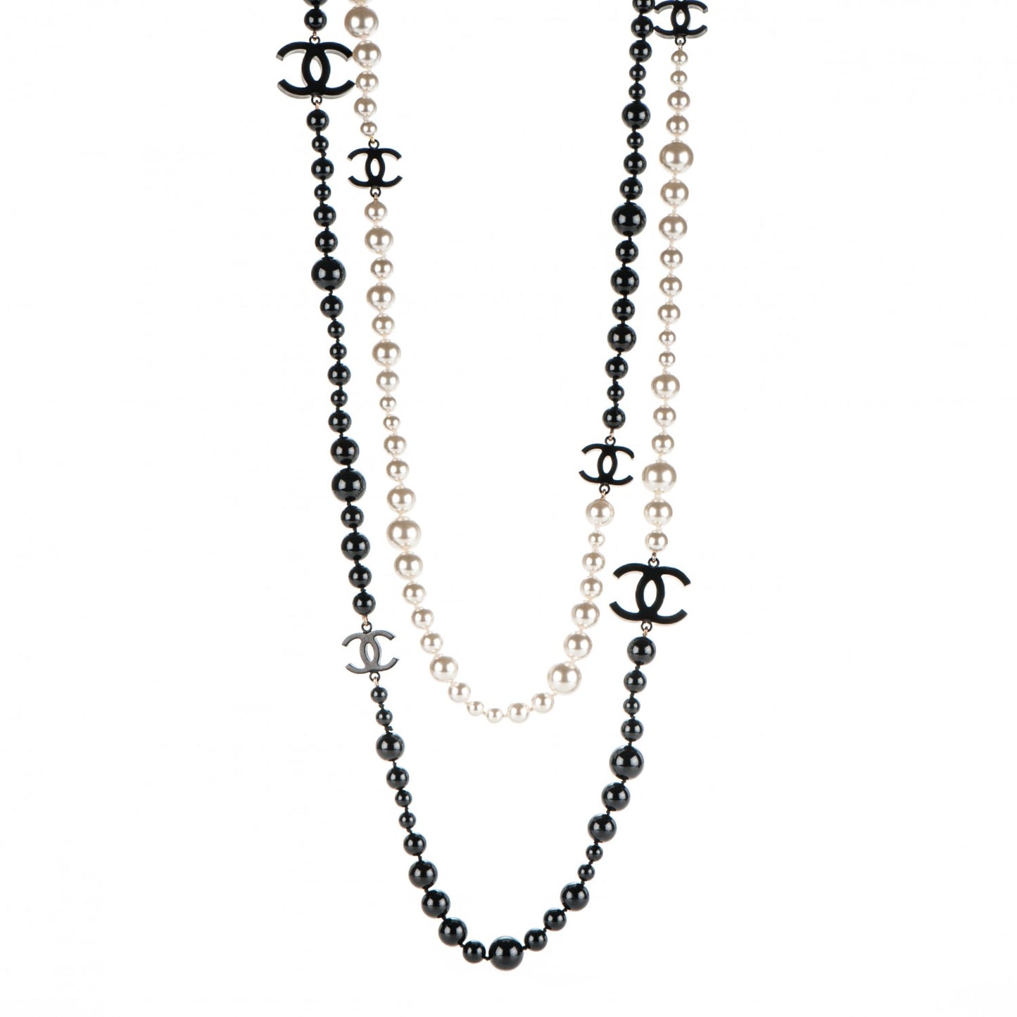 Pearl Beaded CC Long Necklace Black White