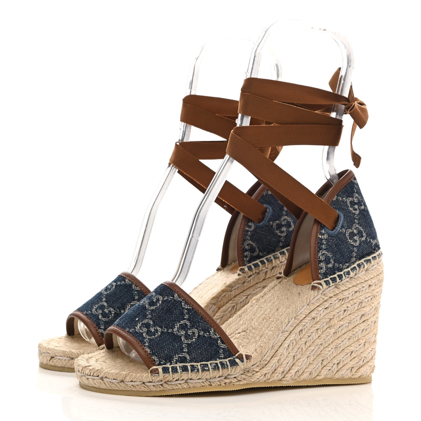 New Denim GG Monogram Ankle Wrap Espadrille Wedge Sandals 38 Blue Tea Cuir Epilog
