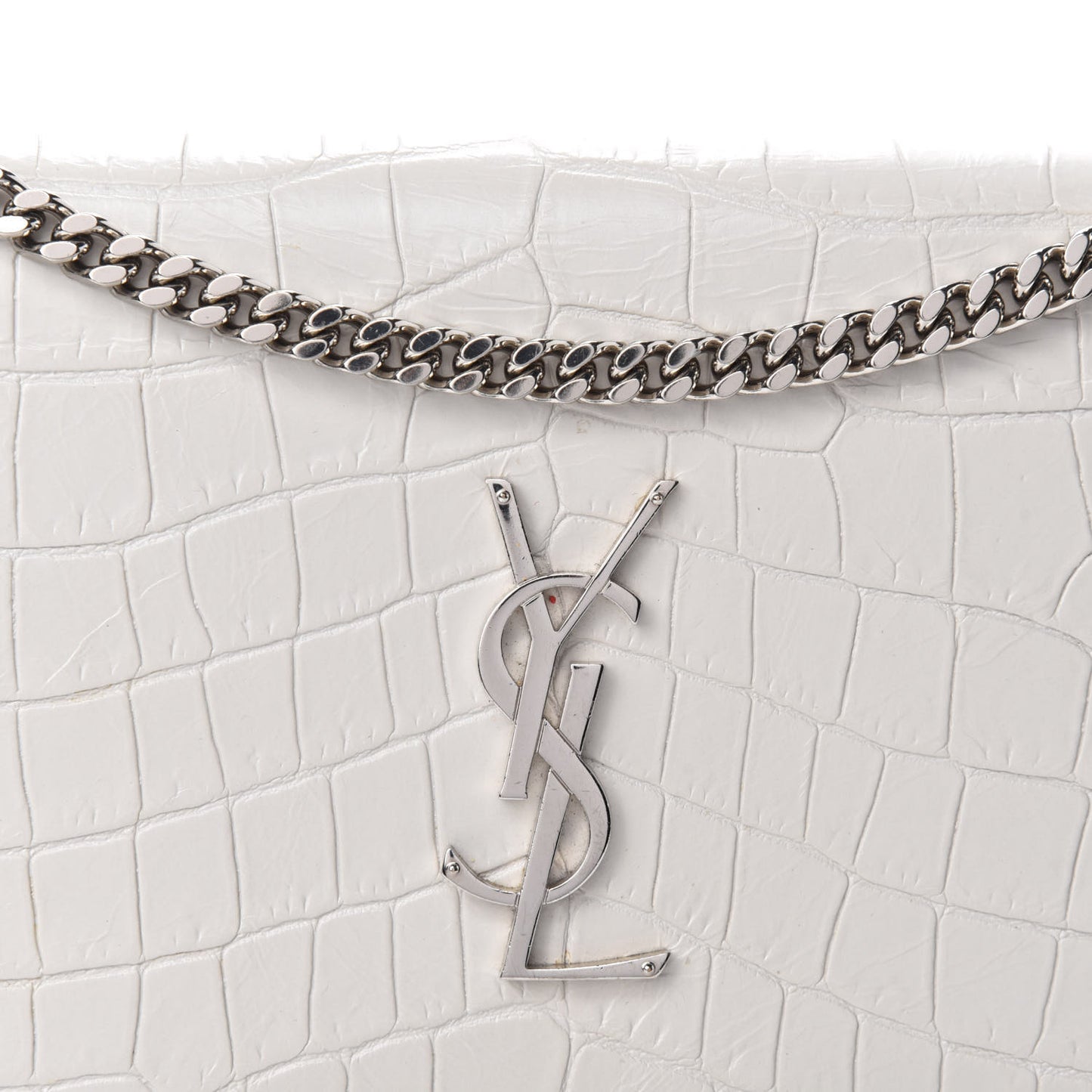 Calfskin Crocodile Embossed Monogram Chain Wallet White