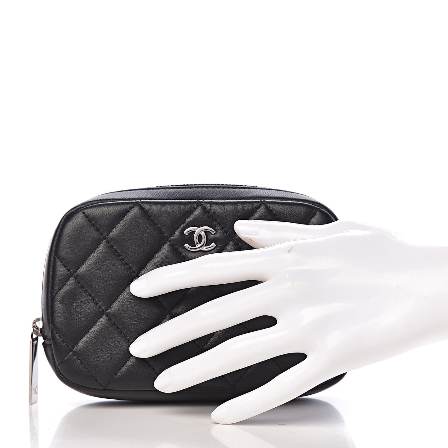 Lambskin Quilted Small Curvy Pouch Cosmetic Case Black