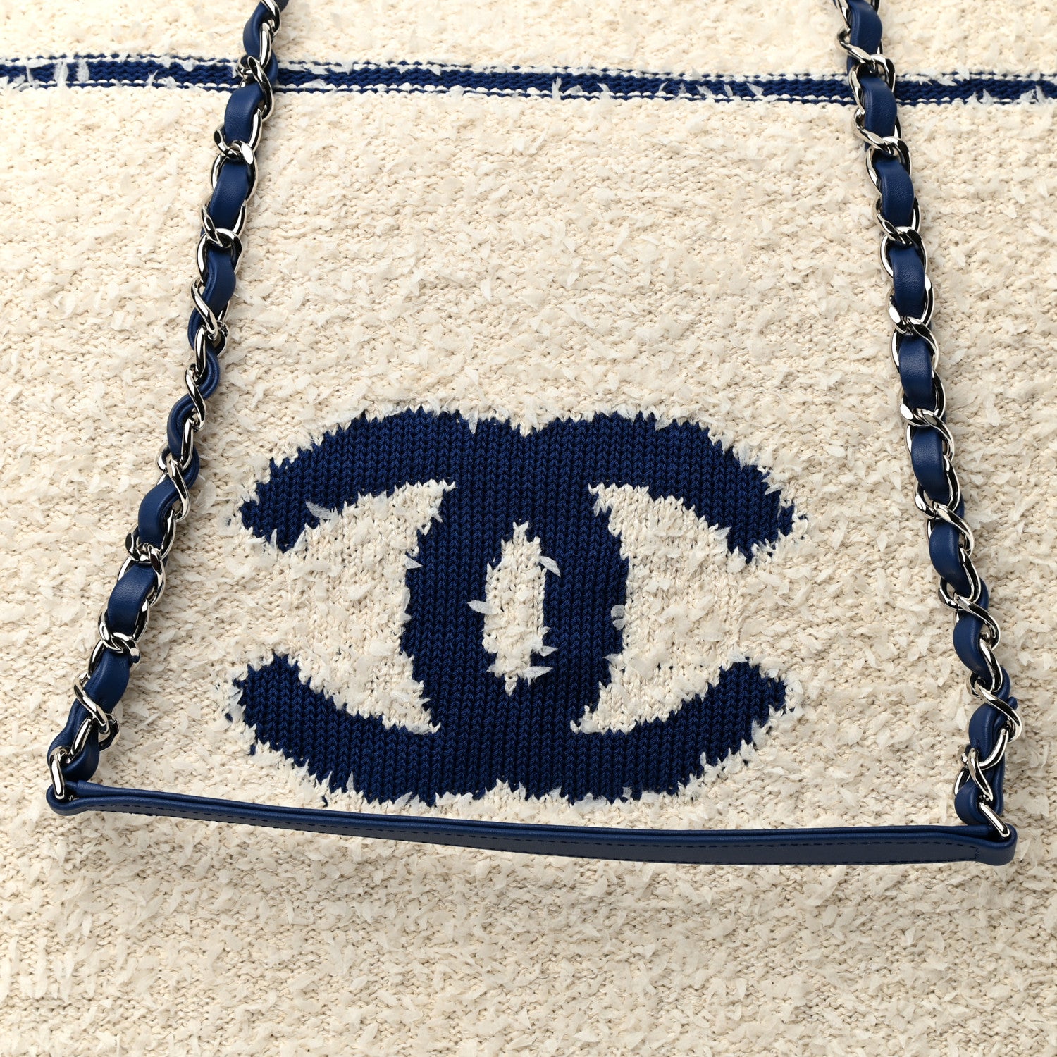 Chanel Tweed Fabric Deauville Biarritz Tote White Navy 7 of 9