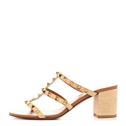 Valentino Garavani Raffia Calfskin Rockstud 60mm Caged Slide Sandals 39.5 Naturale 1 of 8