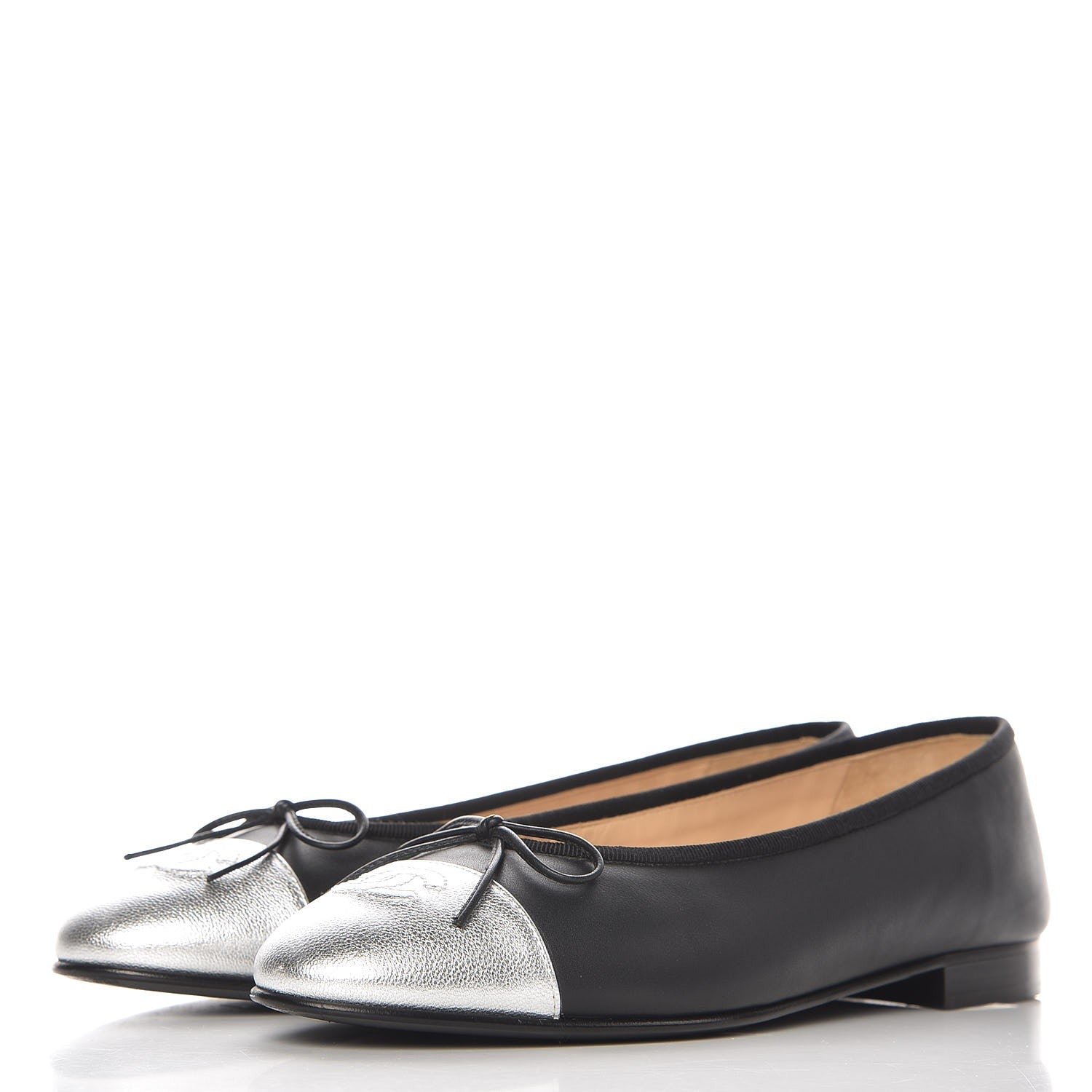 Chanel Calfskin Metallic Goatskin CC Cap Toe Ballerina Flats 39 Black Silver 3 of 11