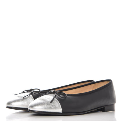 Chanel Calfskin Metallic Goatskin CC Cap Toe Ballerina Flats 39 Black Silver 3 of 11