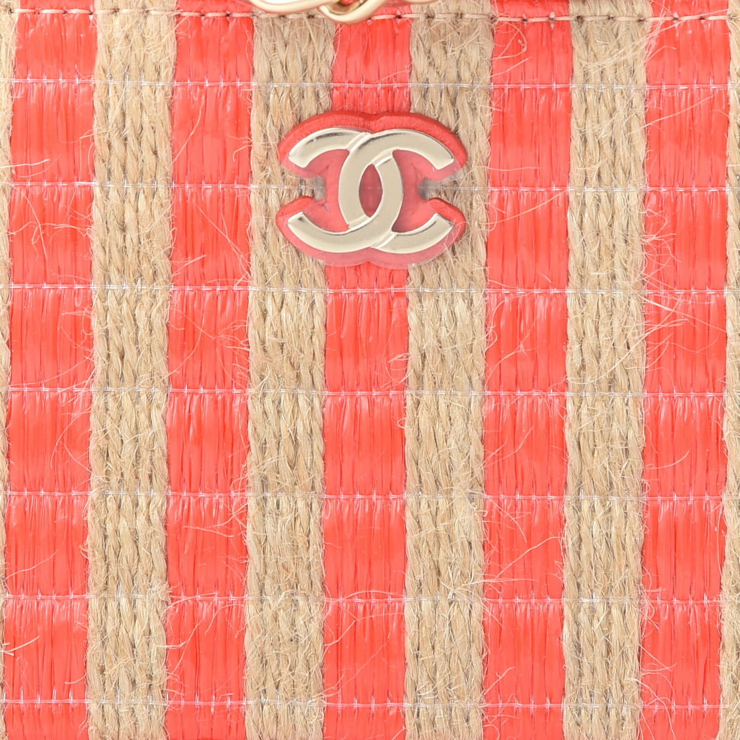 Raffia Jute Striped Mini Vanity Case With Chain Red Beige