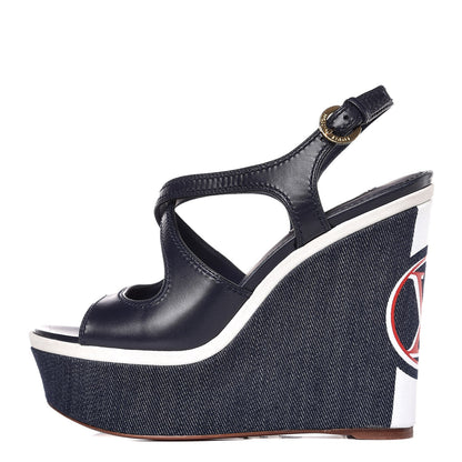 Louis Vuitton Denim Postcard Wedge Sandal 38 Blue 1 of 9