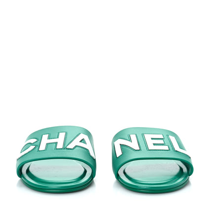 Chanel Calfskin Patent Calfskin Logo Mules 37 Green White 2 of 8