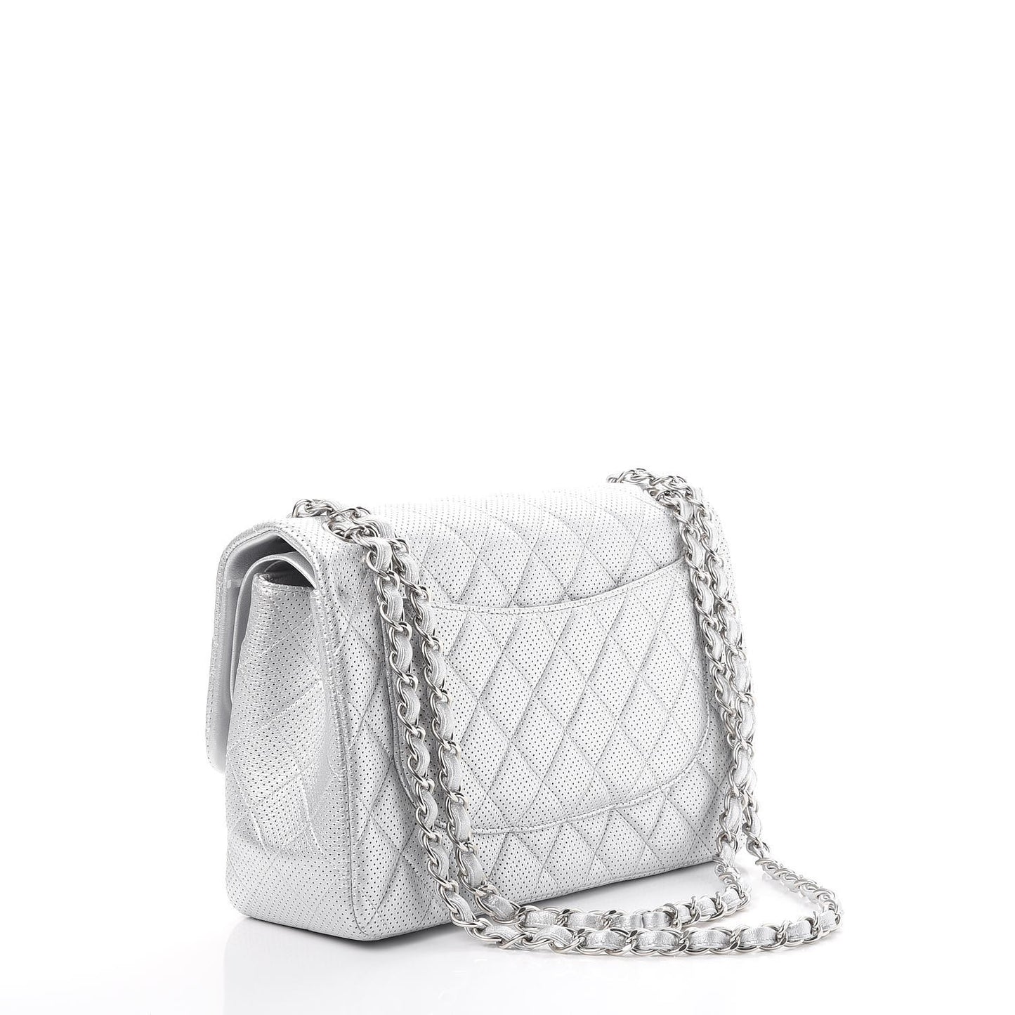 Metallic Perforated Lambskin Quilted Jumbo Double Flap Light Silver