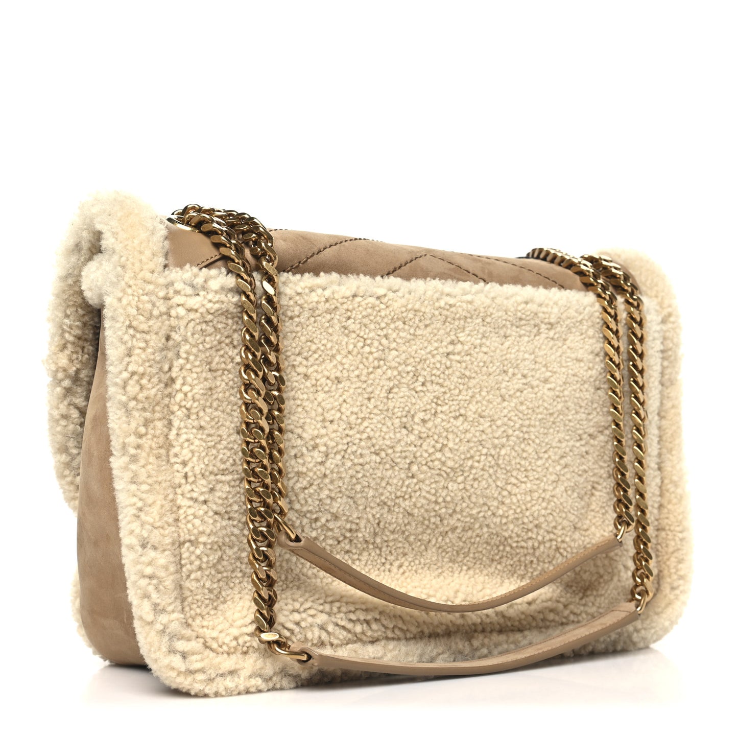 Nubuck Shearling Monogram Medium Niki Chain Satchel Ivory Natural Tan