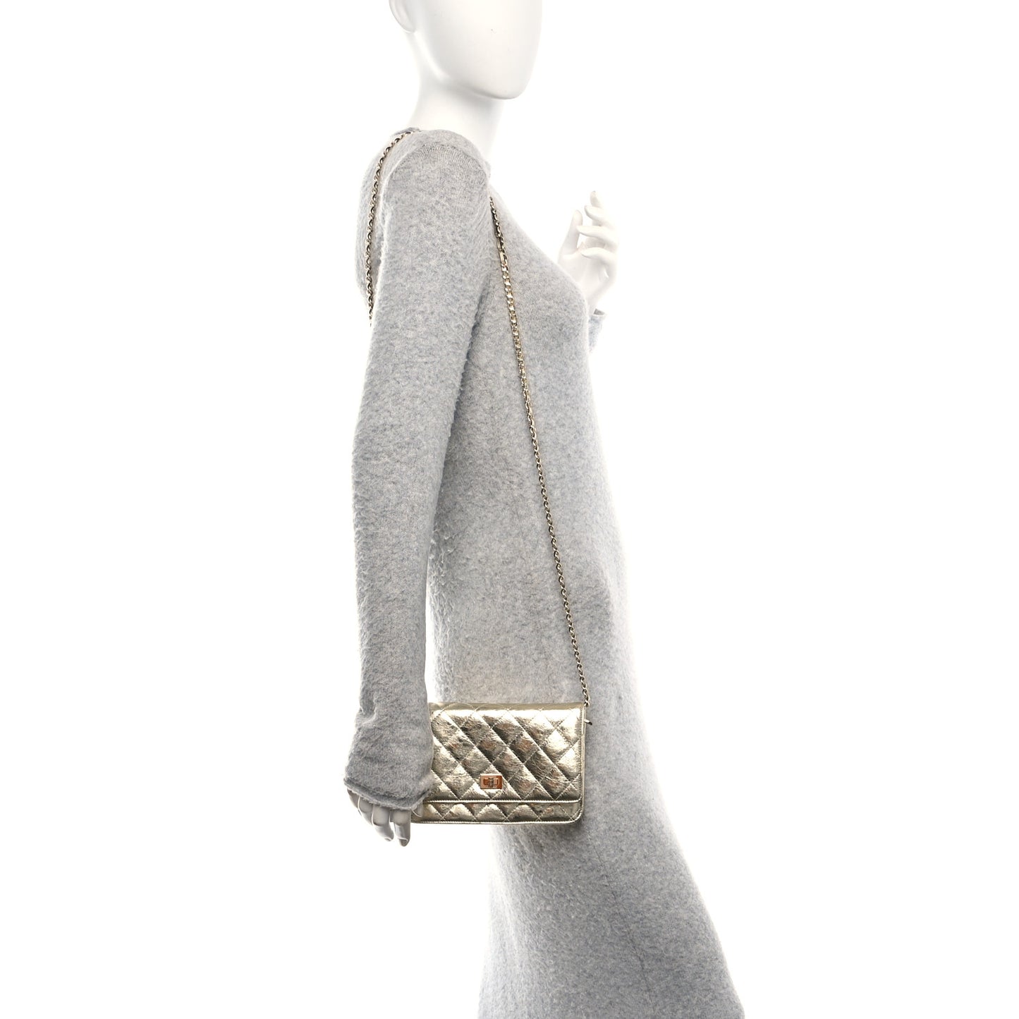 Metallic Aged Calfskin Quilted Reissue Wallet On Chain WOC Gold