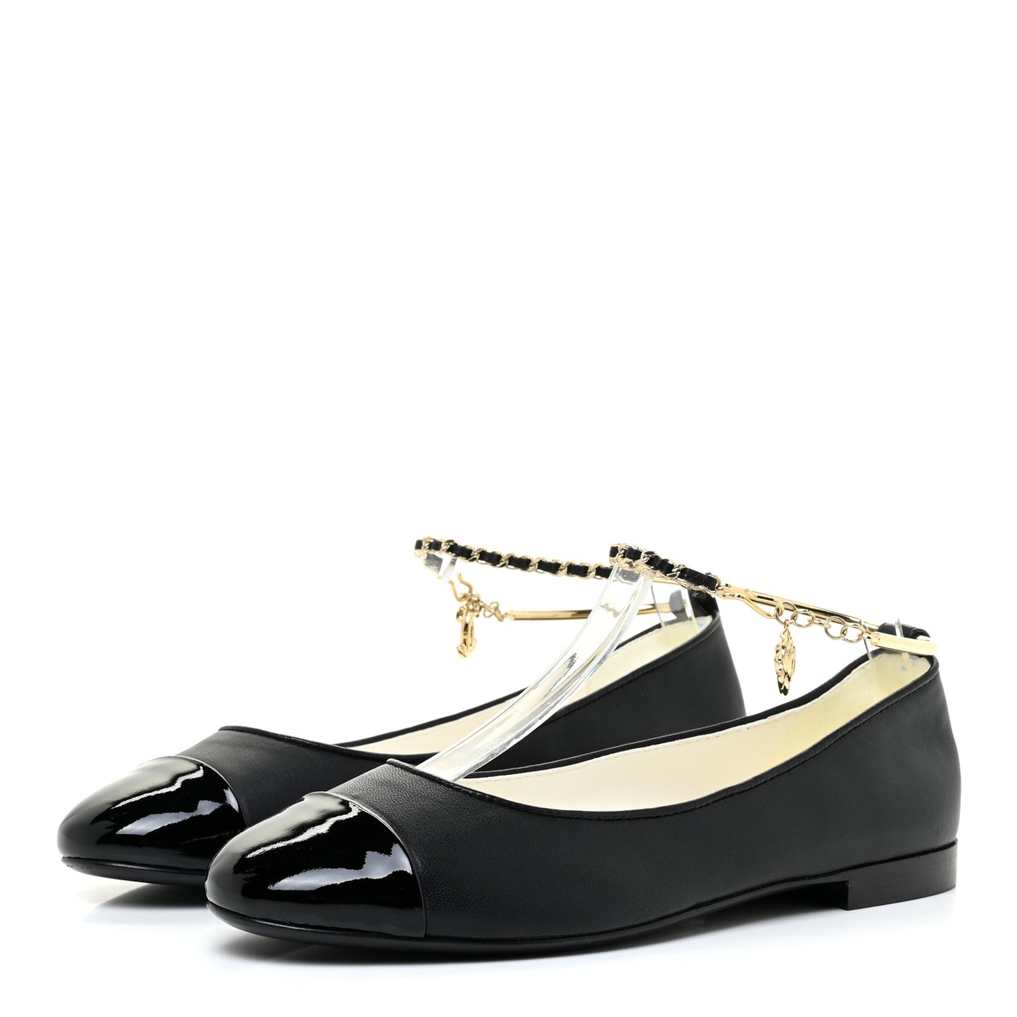 Lambskin Patent Calfskin Cap Toe Ankle Chain Ballerina Flats 37 Black